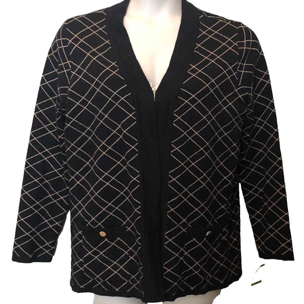 Anne Klein Women's Black Check Open Front Lion Pocket Cardigan Size Large